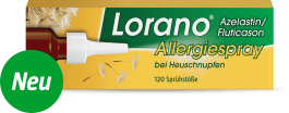 Gelb-grüne Packung Lorano&reg; Azelastin/Fluticason Allergiespray bei Heuschnupfen (120 Sprühstöße) für Erwachsene ab 18 Jahren.