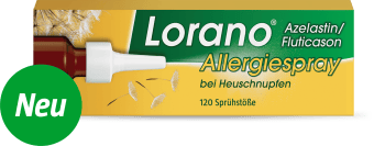 Gelb-grüne Packung Lorano&reg; Azelastin/Fluticason Allergiespray bei Heuschnupfen (120 Sprühstöße) für Erwachsene ab 18 Jahren.