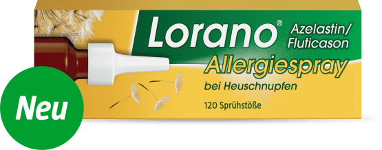 Gelb-grüne Packung Lorano&reg; Azelastin/Fluticason Allergiespray bei Heuschnupfen (120 Sprühstöße) für Erwachsene ab 18 Jahren.