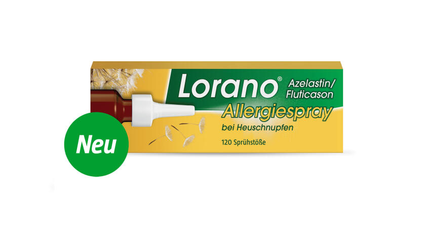 Gelb-grüne Packung Lorano® Azelastin/Fluticason Allergiespray bei Heuschnupfen (120 Sprühstöße) für Erwachsene ab 18 Jahren.
